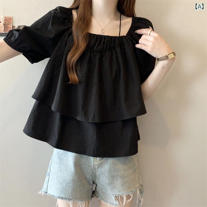 シャツ レディース 半袖 ノー 綿100% 無地 女性用 サスペンダー 半袖 ベビー ドール シャツ と アメリカン クロスボーダー 夏 フレンチスクエア ネック パフスリーブシャツ 西洋風 ショート トップ