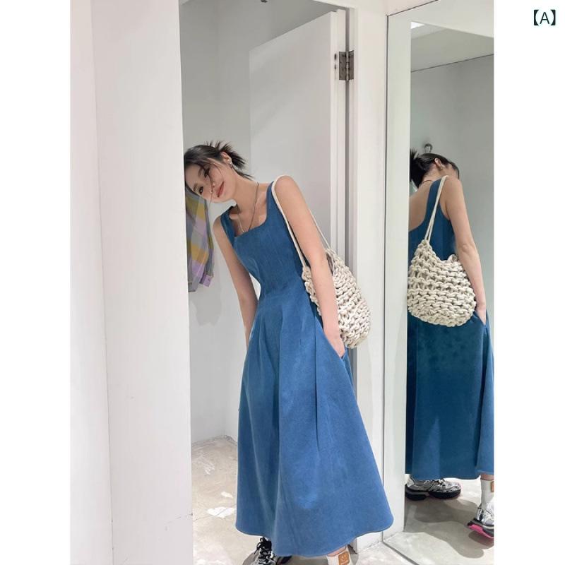 ワンピース レディース Aライン 秋用 長袖 体型カバー 青い 霧の 恋の フランスの デニムの ワンピース..