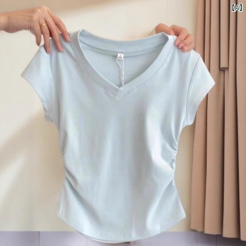 フリル シャーリング トップス レディース 春夏 かわいい ミルク ブルーと ホワイトの Vネック ガーリ..