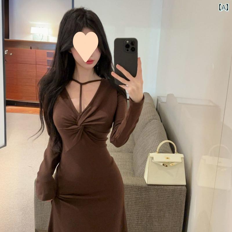 ワンピース レディース ロング丈 秋用 無地 カジュアル ハイエンドの ホルターネック ロング スカート ..