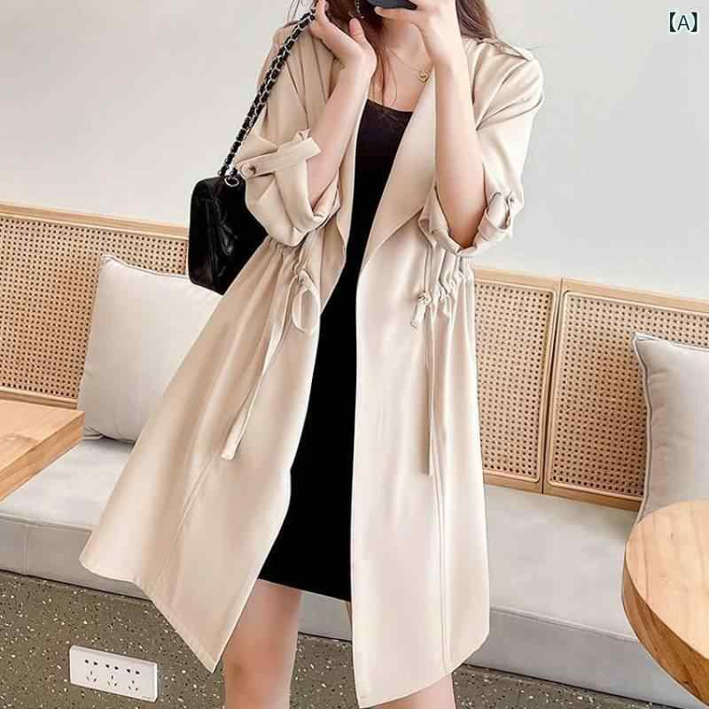 トレンチコート 薄手 アウター レディース 春夏 通勤 2025 春夏の新 レディース 薄手 ジャケット 韓国 スタイル 日焼け防止 単層 ファッション 巾着 スリム ウインドブレーカー 七分袖 トップ