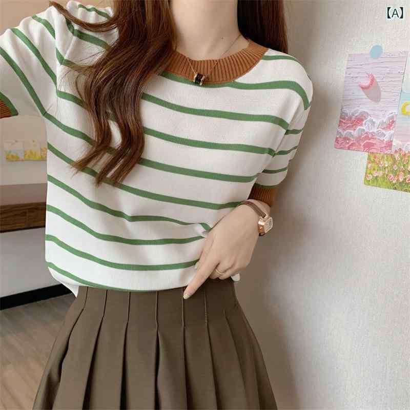 &quot冷感 レディースニット 薄手 サマーカーデ 夏用羽織 UVケア &quot &ampquot冷感 レディースニット 薄手 サマーカーデ 夏用羽織 UVケア &ampquot 韓国 ストライプ 半袖 セーター レディース 夏 2025 カジュアル 美 白 トップ インな