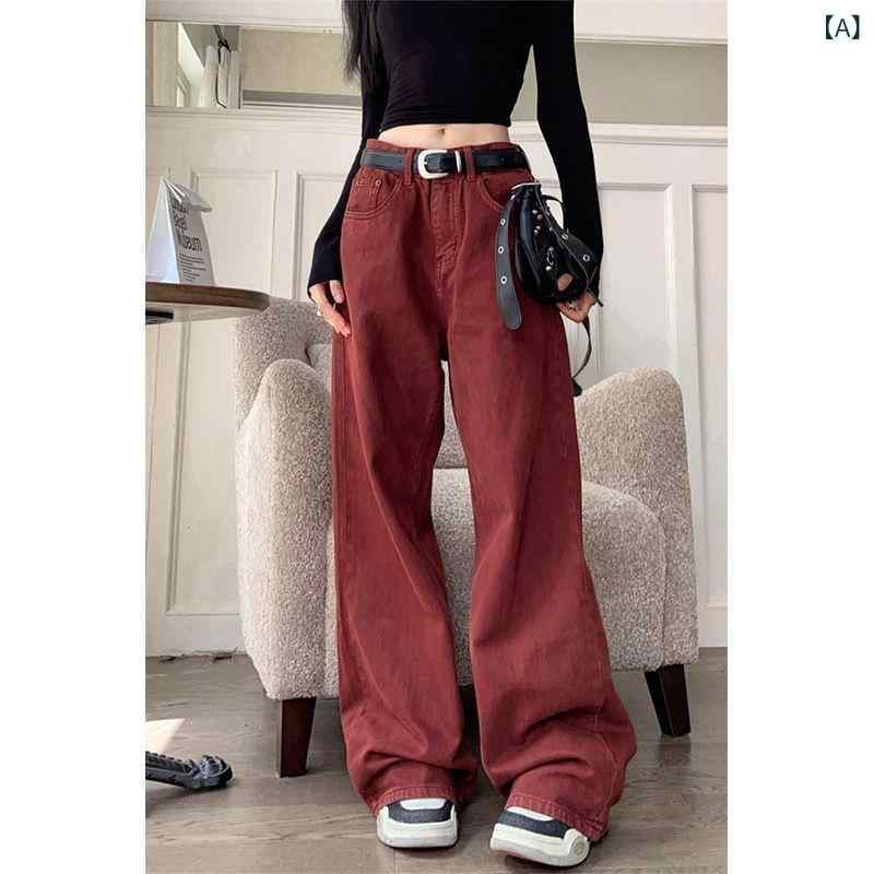 ハイウエスト ジーンズ レディース ストレッチ 美脚 脚長 な レンガ レッド ジーンズ レディース 春の ..