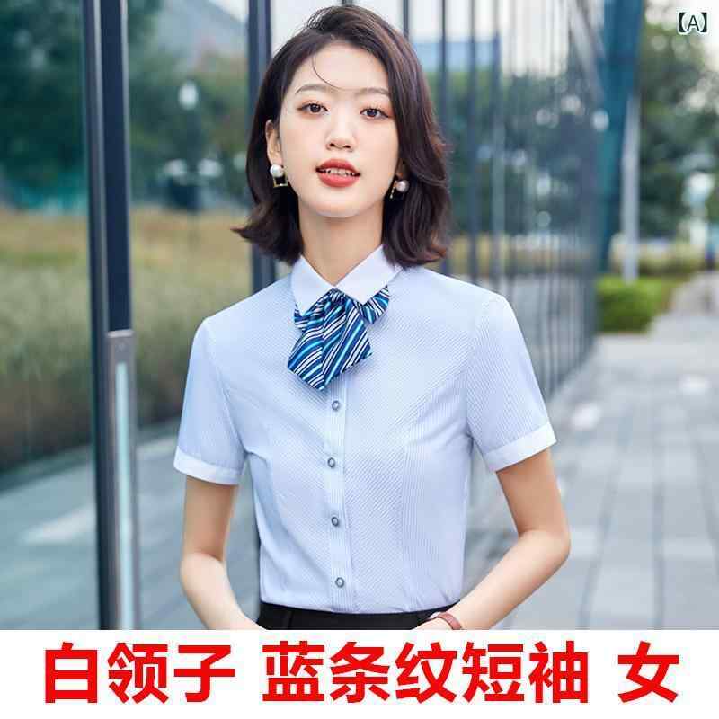 シャツ レディース 半袖 ノー 綿100% 無地 青と 白の ストライプの シャツ レディース 夏の 銀行 作業..