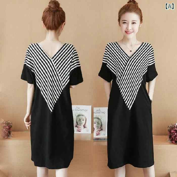 トップス ペプラム フレア 長袖 半袖 オーバー レディース 春夏服 ファッション v ネック ストライプ ステッチ スカート ミディアム ロング 半袖 ワンピース