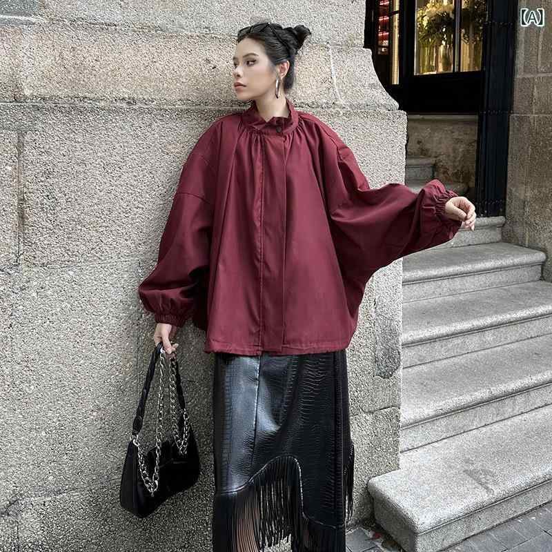 ショート丈 パーカー 羽織り用 アウター 春アウター ショート丈 パーカー 羽織り用 アウター 春アウター 韓国 レトロ バット スリーブ ジッパー スタンドカラー ウインドブレーカー 秋冬 な ジャケット(4)