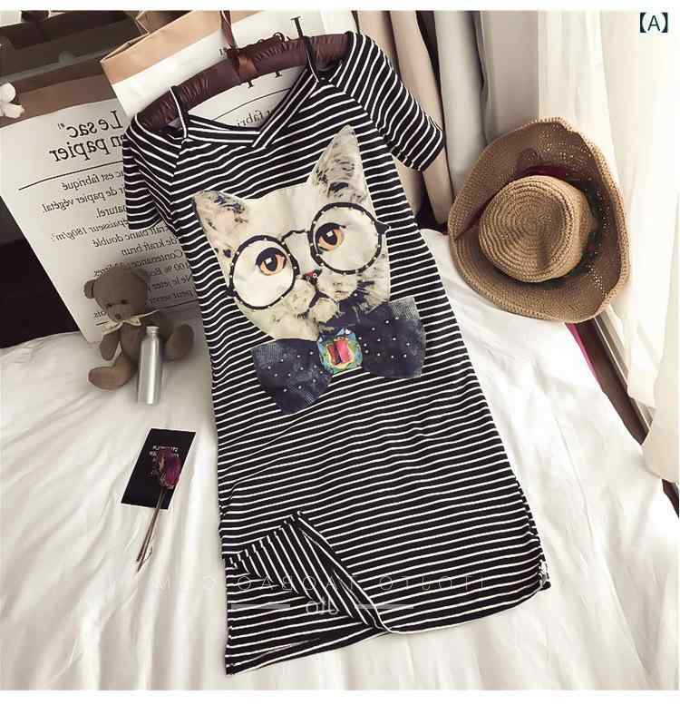 シャツワンピース ワンピース レディース 半袖 ロング コットンワンピ 透け感 夏 2025新 猫 パッチ オフショルダー カジュアル ドレス レディース 夏の ファッション 半袖 スリム ワンショルダー