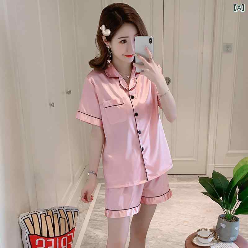 &quotシルク風 パジャマ つるつる ルームウェア ナイトウェア レディース &quot &ampquotシルク風 パジャマ つるつる ルームウェア ナイトウェア レディース &ampquot 薄手 パジャマの レディース 夏の 半袖の 半 ズボンの 氷の 糸の 2つの セッ