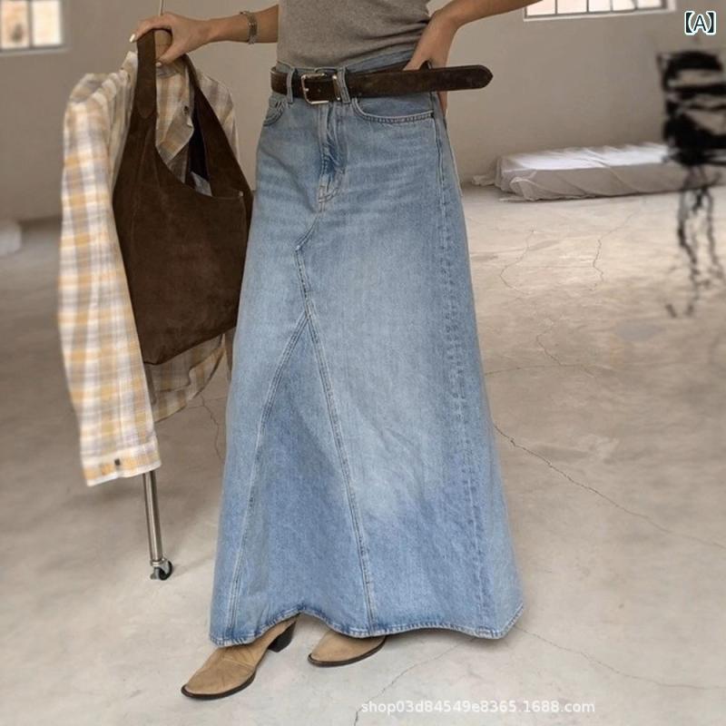 スカート レディース ノー 膝丈 Aライン 無地 韓国 さわやかで シンプル ウォッシュ 加工の な ロングデニムスカート カジュアルで な レディース ゆったり スリム ロング スカート