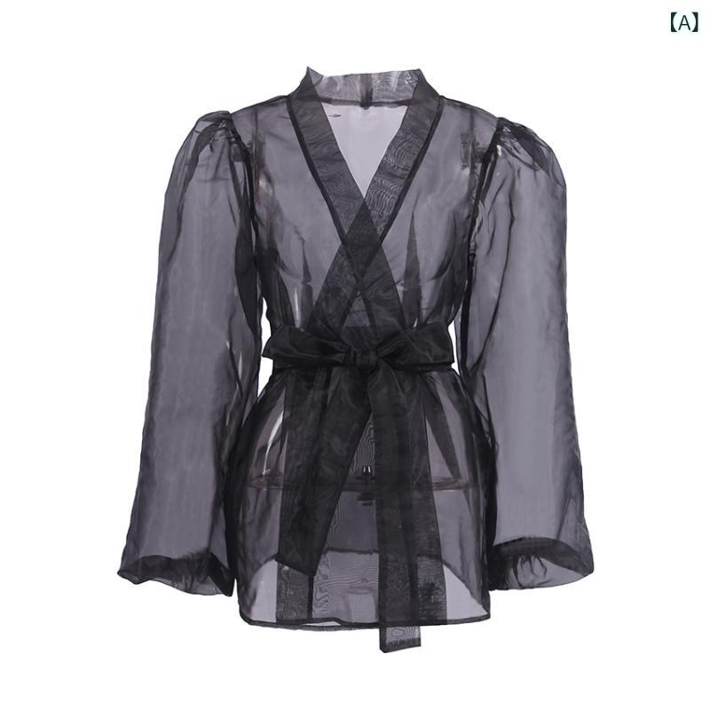 シアーシャツ シアー 透け感 シアーシャツ シアー 透け感 2025 春夏の 欧米の 魅惑的 黒い 透視 網の シャツ 上着の レディース 小さい..