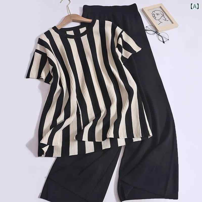 セットアップ レディース トップス ワイドパンツ 上下 2点セット 半袖 ブラウス 長ズボン モノトーン 気 品名 媛 メリヤス ファッション セット 丸 首 百合 縦 紋 開 叉 半袖 上着高 腰 色 ズボン 女