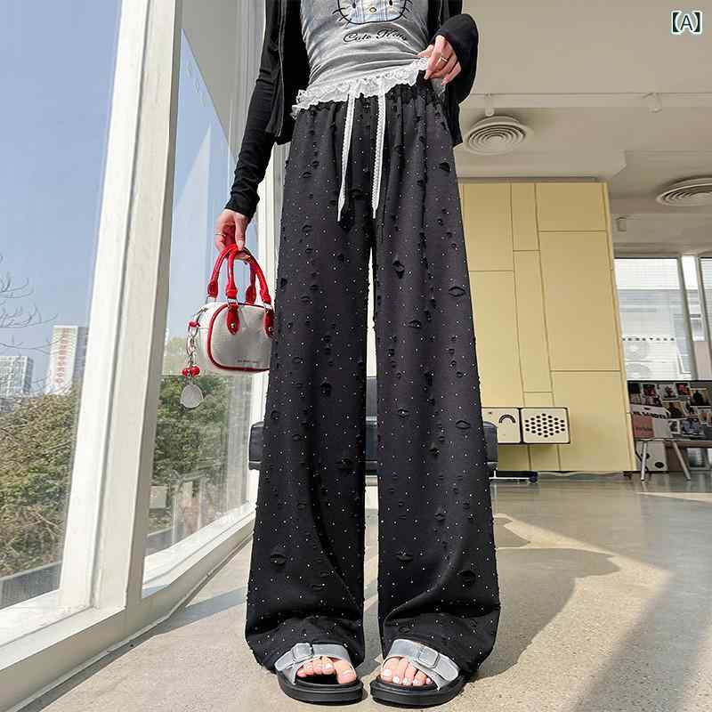 ワイドパンツ ゆったり リラックス 体型カバー 楽ちん 夏の 新型の 破れた ズボンの レディース 薄手 ..