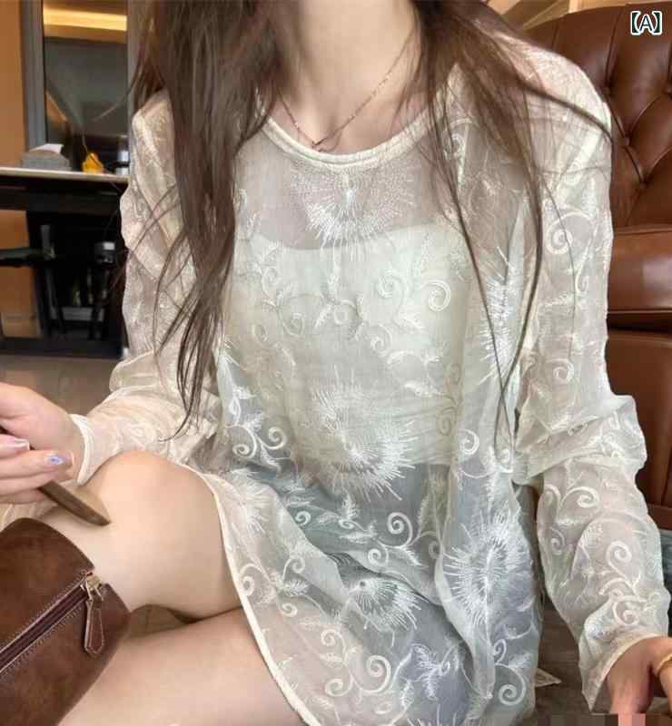 シアーシャツ シアー 透け感 シアーシャツ シアー 透け感 南 油 り 2024 秋 ファッション 绢 糸 刺繍 ..