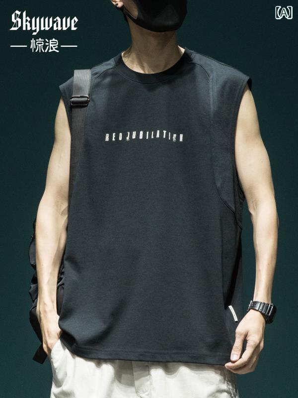 吸湿速乾 冷感 涼しい 薄手 スポーツ ストレッチ 夏の アメリカ 文字 プリント 速乾 綿 ベスト メンズ ゆるい サイズ 涼 感 吸汗 運動 袖なし t シャツ 肩