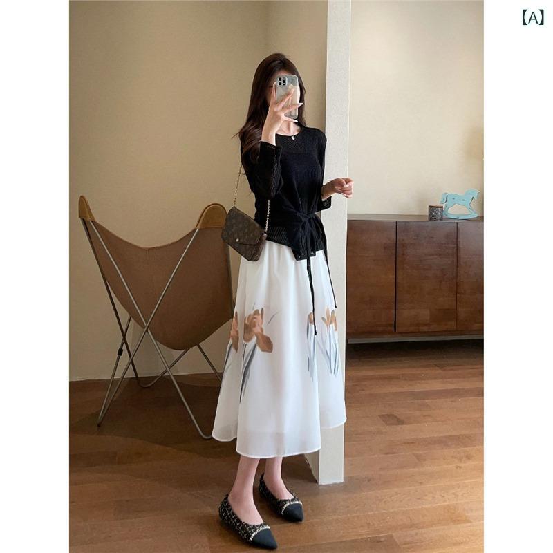 スカート レディース ノー 膝丈 Aライン 無地 フランスの レトロで 上品な 感じの 蘭の プリントの リゾート 風の 蓬 蓬の 半身の スカートの 高さ 腰は やせている A 字の 傘の スカートの ロング スカートの 女性を 現します。