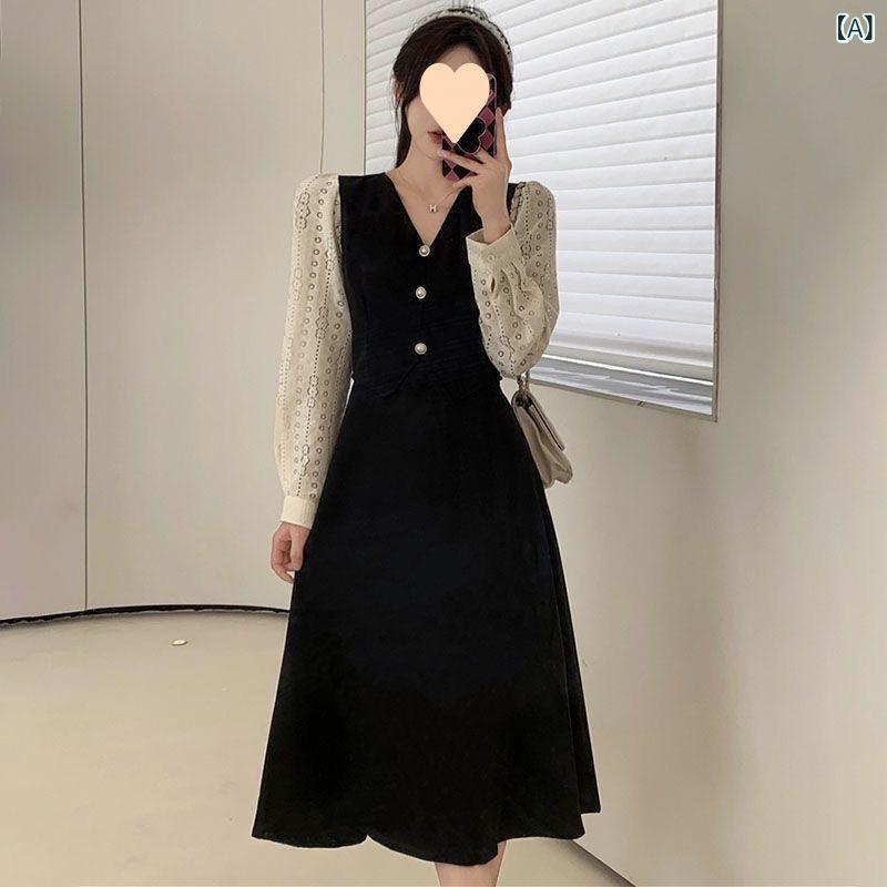 ワンピース レディース ロング丈 秋用 無地 カジュアル 大きいサイズ フェイクの 2つの 襟の ワンピースの レディース 春秋型の 感のの スカートは つづり 合わせて 腰を 収めて やせている 長い スカートを 現します。