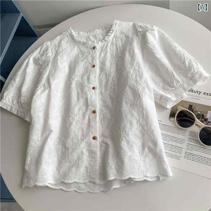 シャツ レディース 半袖 ノー 綿100% 無地 韓 系 高級 感 刺繍 半袖 シャツ 2025 夏の 新型 小柄な 肌..