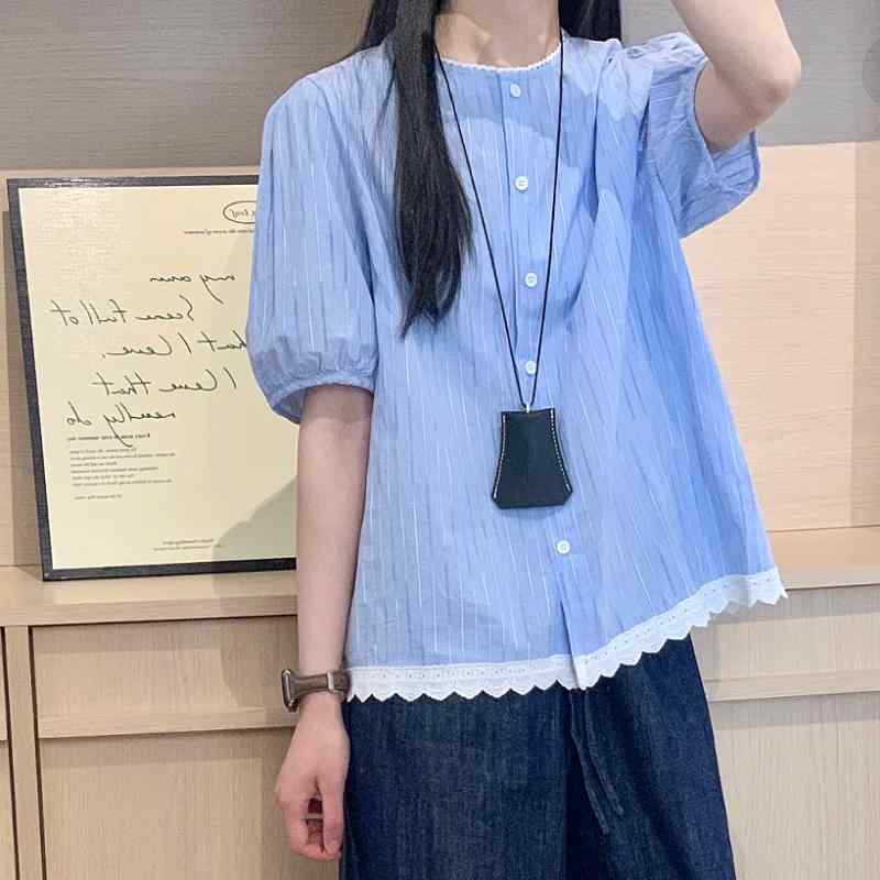 シャツ レディース 半袖 ノー 綿100% 無地 2025 夏の 韓国で な レースの 五分袖 ストライプシャツ ラウンドネック トップ シャツ