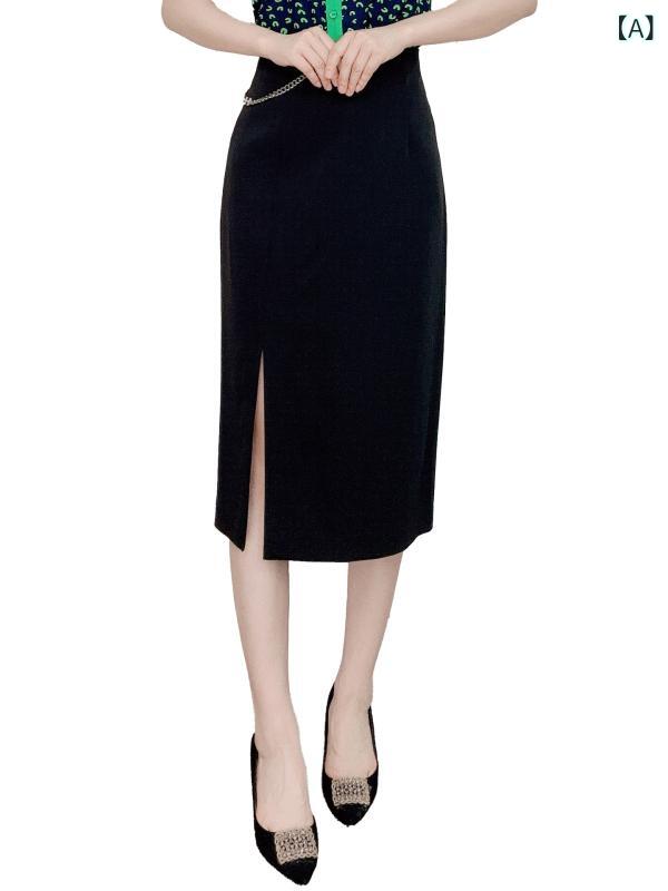 スカート レディース ノー 膝丈 Aライン 無地 2024 漢 派 婦人服 初秋 スリムフィット チェーン シフォン 漢 派 カウンター スリットスカート