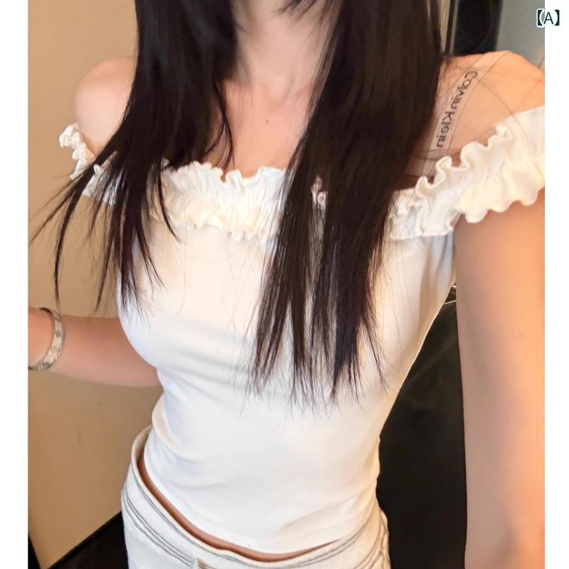 フリル シャーリング トップス レディース 春夏 かわいい 現物の 色の 1 字の 肩の 設計の 花の ガータ..