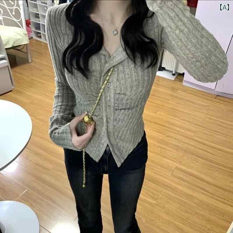 ニットカーディガン レディース 韓国 ニットトップス 配色襟付き ショート丈セーター おしゃれ Vネック..