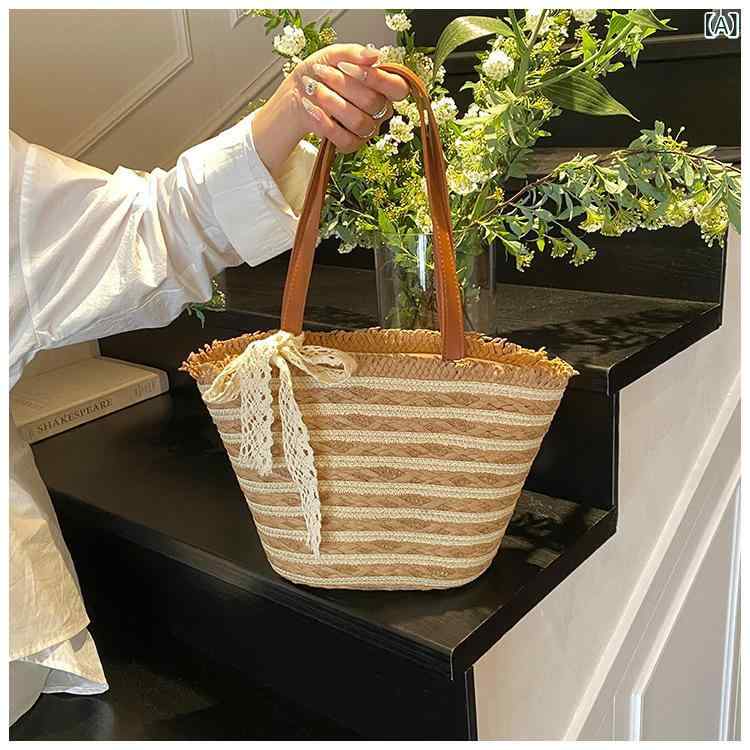 ストローバッグ 軽量 トート カゴバック エコバッグ 草 編み バッグ レディース 2025 夏 ハンドバッグ 海辺 トートバッグ大容量 編み ショルダーバッグ 緩み 感 バケツ バッグ