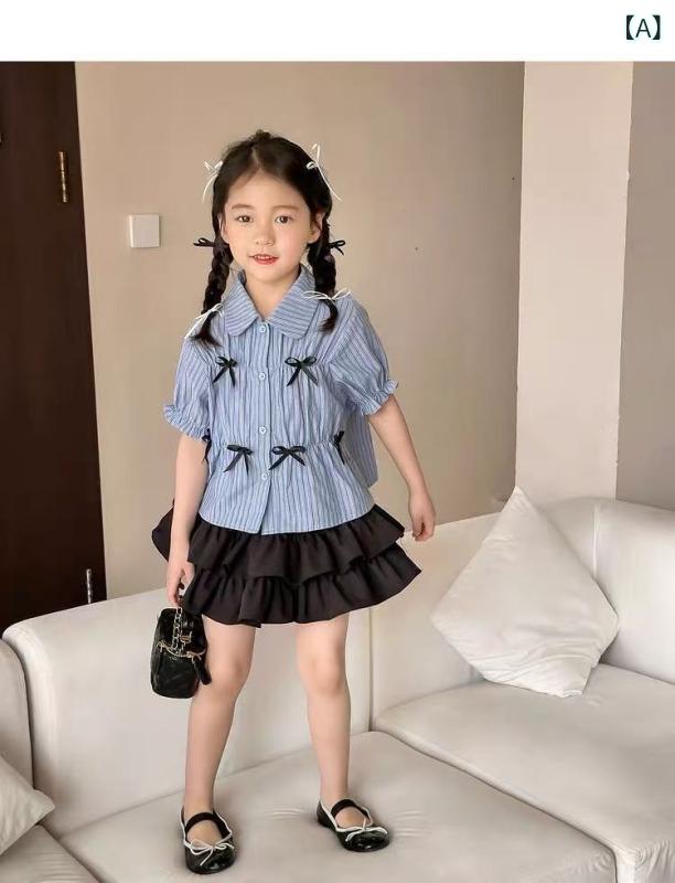 スカート レディース ノー 膝丈 Aライン 無地 女の子用 シャツ 2025 夏服 子供 襟 蝶 結び 上着 半袖 ティアードスカート おしゃれ セット