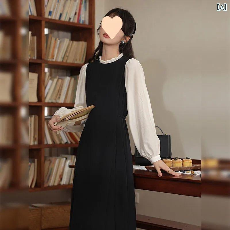 ワンピース レディース ロング丈 秋用 無地 カジュアル フレンチ アート カラー ブロック フェイク ツ..