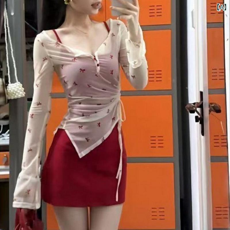 フリル シャーリング トップス レディース 春夏 かわいい Pure Desire Hot Girl スーツ スリム レッド サスペンダー ドレス レディース 夏の 長袖 不規則な 日焼け ブラウス 2 点 セット