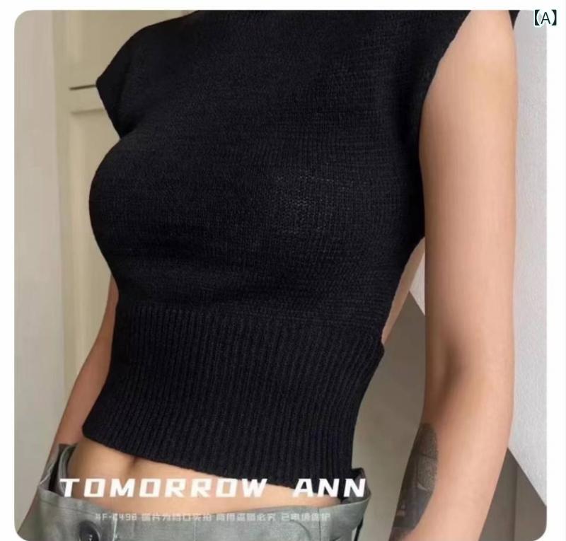 レイヤード風 ニット レディース 重ね着風 韓国ファッション セーター 秋冬 感の 後に 透かし彫りの 丸 首の ニットの レディース 夏の 新型の 百合の t シャツ 袖なしの 修身の 短い 上着(4)