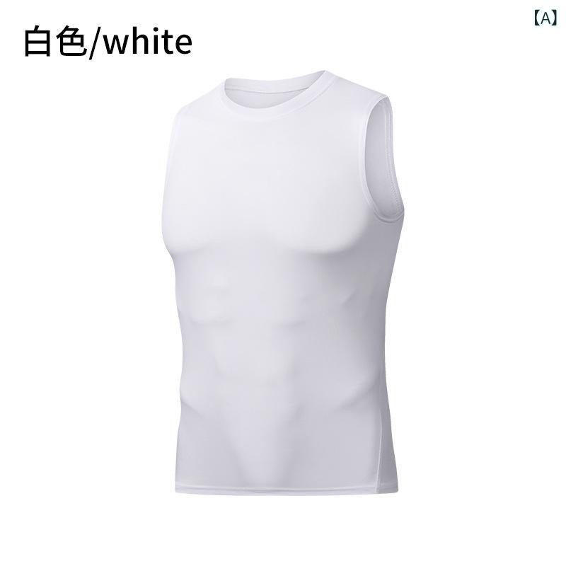 吸湿速乾 冷感 涼しい 薄手 スポーツ ストレッチ スポーツ ベスト メンズ 肩の 袖なしの 色の タイトな 上着の ランニング トレーニング 陸上 バスケットボールの 底の 汗の シャツ フィットネス 服