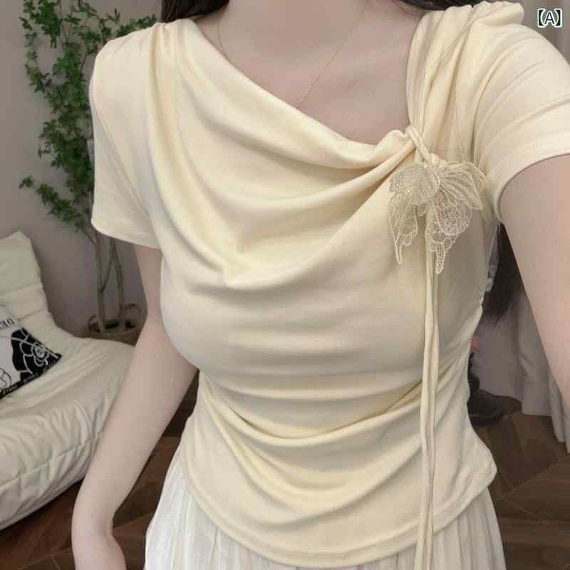 フリル シャーリング トップス レディース 春夏 かわいい ミントの 曼 波の な 欲の 蝶は 斜めの 肩の ..