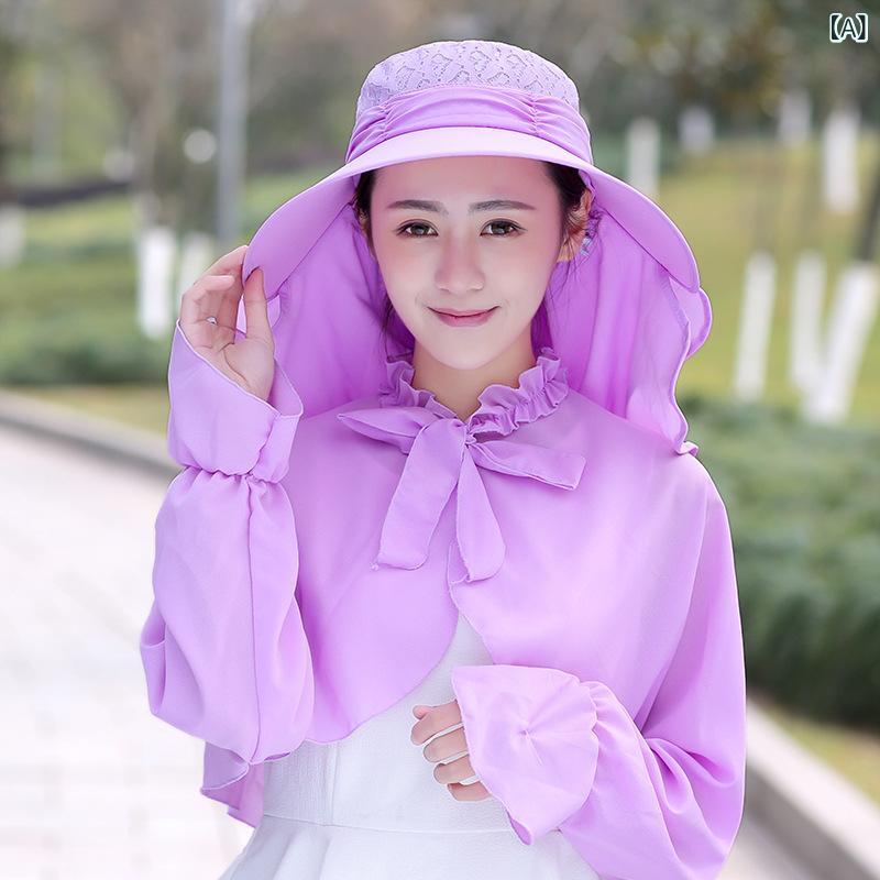 スカーフ付き帽子 レディース おしゃれ 帽子 日よけ対策 帽子 スカーフ付き帽子 レディース おしゃれ 帽子 日よけ対策 帽子 電気 自動車 ストールで 顔を 隠して 帽子を かぶる レディース 夏の 屋外の 日よけの 日よけの 帽子の 首の 帽子の 紫x2