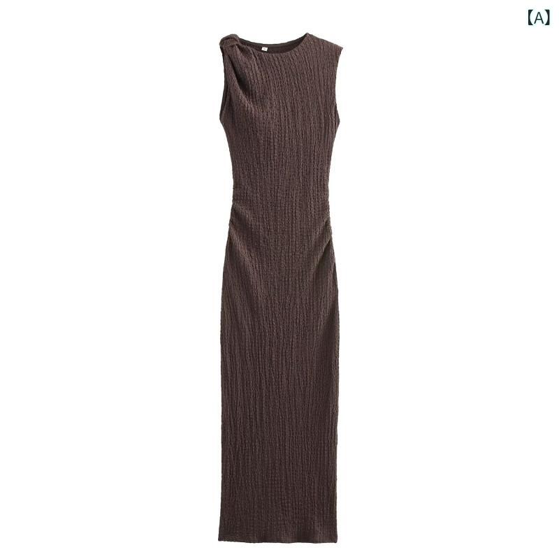 ワンピース レディース ロング丈 秋用 無地 カジュアル 2024 秋 女装の 結び目の 質感の 長い 袖なしの スリム ワンピースの 女性 5039626
