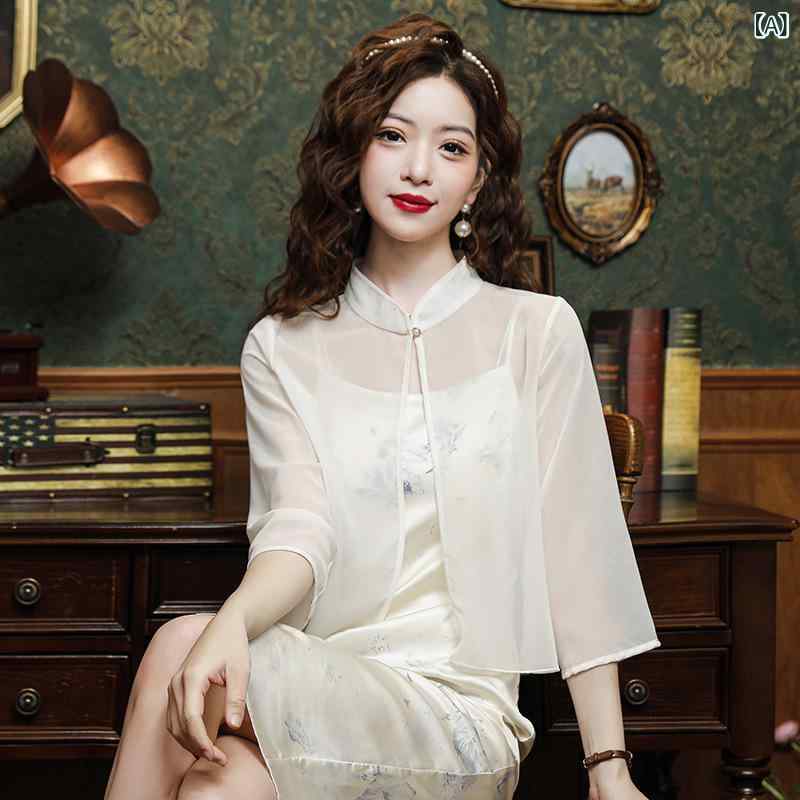 &quot接触冷感 カーディガン 夏用 涼しい羽織 ひんやり カーディガン &quot &ampquot接触冷感 カーディガン 夏用 涼しい羽織 ひんやり カーディガン &ampquot チャイナ風 2025 夏の シフォン ショール カーディガン スタンドカラーと 高級 感