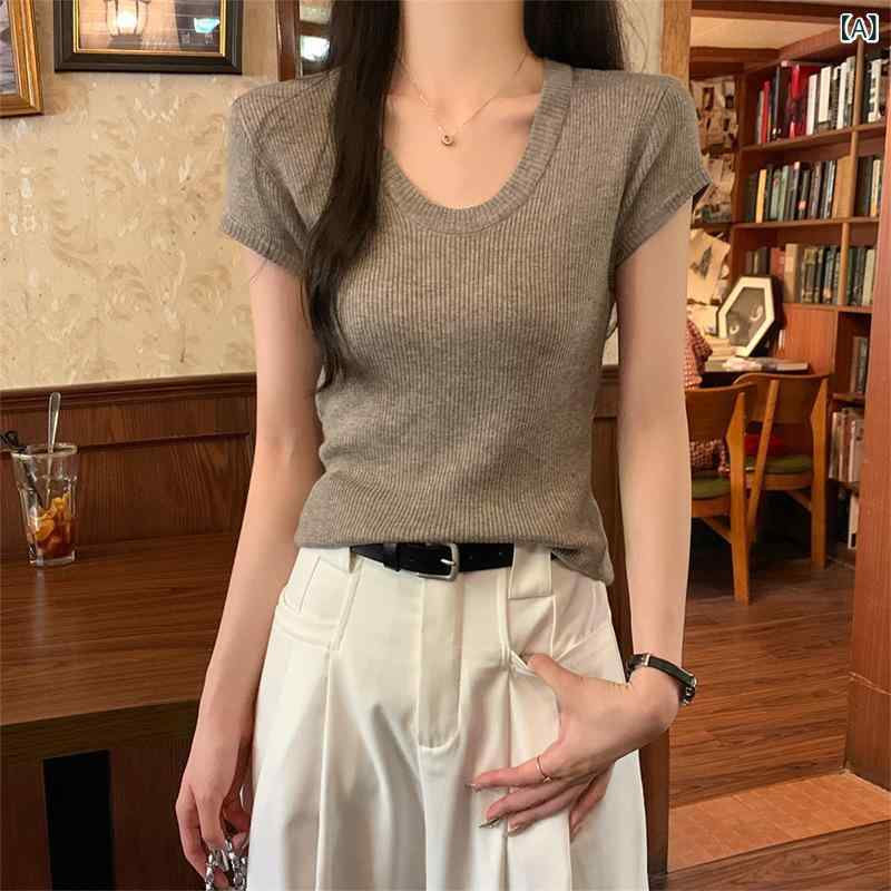 レイヤード風 ニット レディース 重ね着風 韓国ファッション セーター 秋冬 2025 色は 痩せていて 通常の 半袖の シンプル ニットの 上着 U 襟の 夏の ニットの ファッションです。