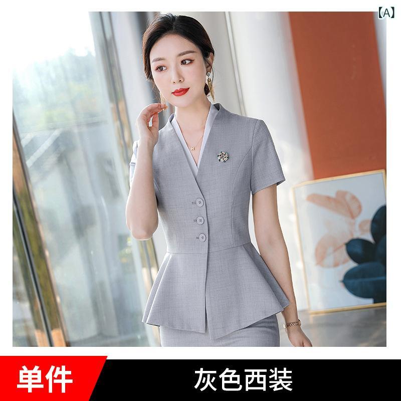 ブレザー 夏 レディース 半袖 テーラードジャケット 薄手 ゆったり スーツジャケット 5分丈袖 ジャケット おしゃれ サマースーツ オフィス プレゼント 半袖の スーツ レディース 夏の 部の ホテルの フロントの 職業の 正装の 2 セットの ズボンx2