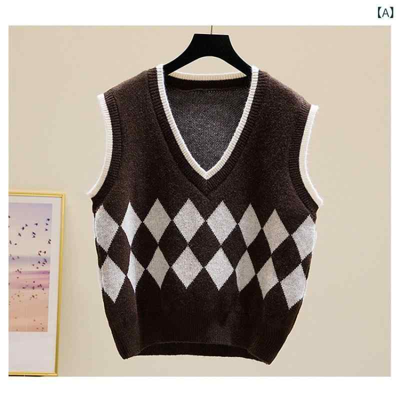レイヤード風 ニット レディース 重ね着風 韓国ファッション セーター 秋冬 2024 秋 菱形 ニット ベスト レディース ショート レイ ヤード ノースリーブ トップ レディースニット ウェア(4)
