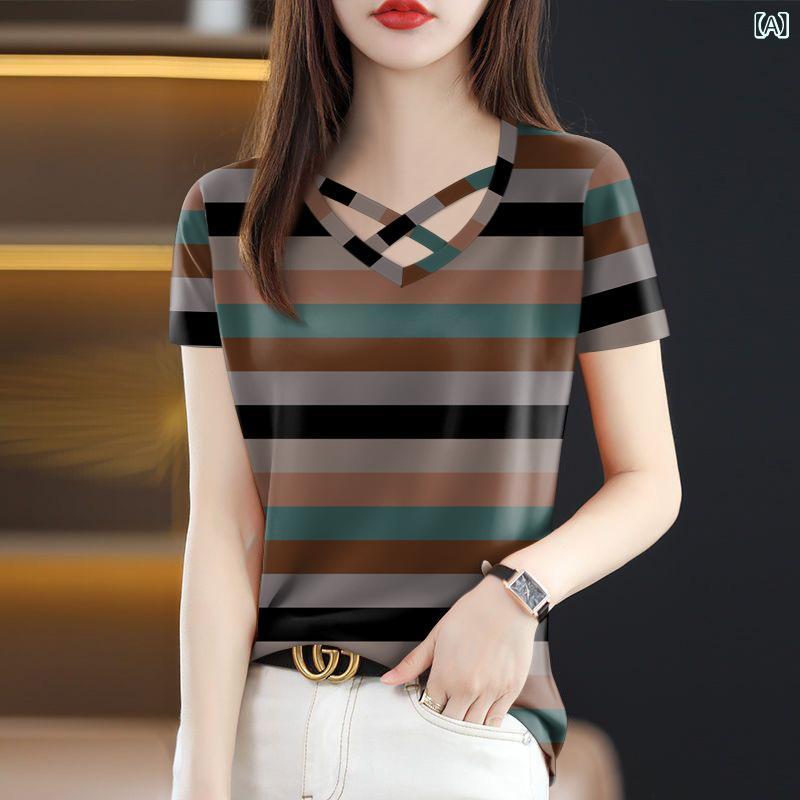 ファッション 服 オシャレ カワイイ シンプル 大カワイイ サイズ 婦服 シャツ 袖 スタッキング トップス Tシャツ 2025 夏のの レディース Tシャツ スリム お腹 カバー クロス カラー ファッション 半袖 ドロップ シッピング