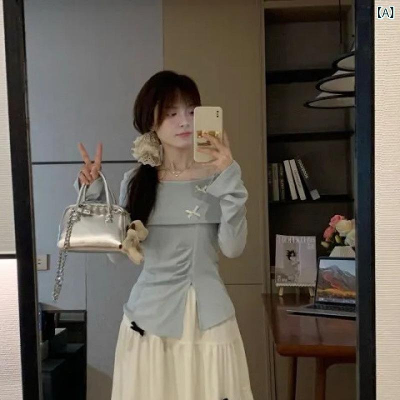 スカート レディース ノー 膝丈 Aライン 無地 フランス 風 優しい 蝶 結びの 感 秋 青い オープン フォーク 長袖 上着高 腰 修身 スカート セット