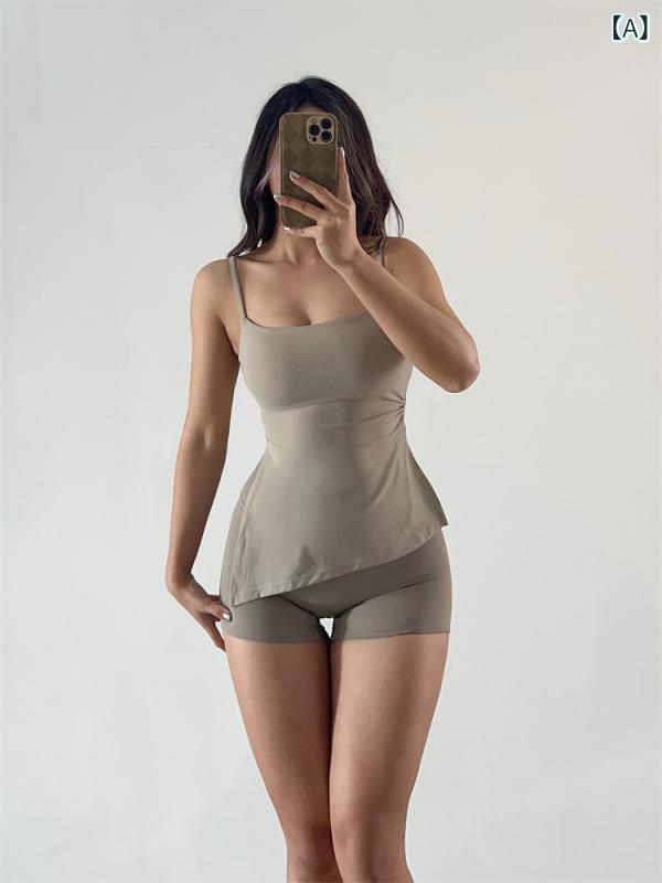 吸湿速乾 冷感 涼しい 薄手 スポーツ ストレッチ 胸 パッドの 裸 感の 細い 肩の 片側の タックの ヨガの 上着の 修身 運動の 下着の レディース フォークの フィットネスの ベスト 990