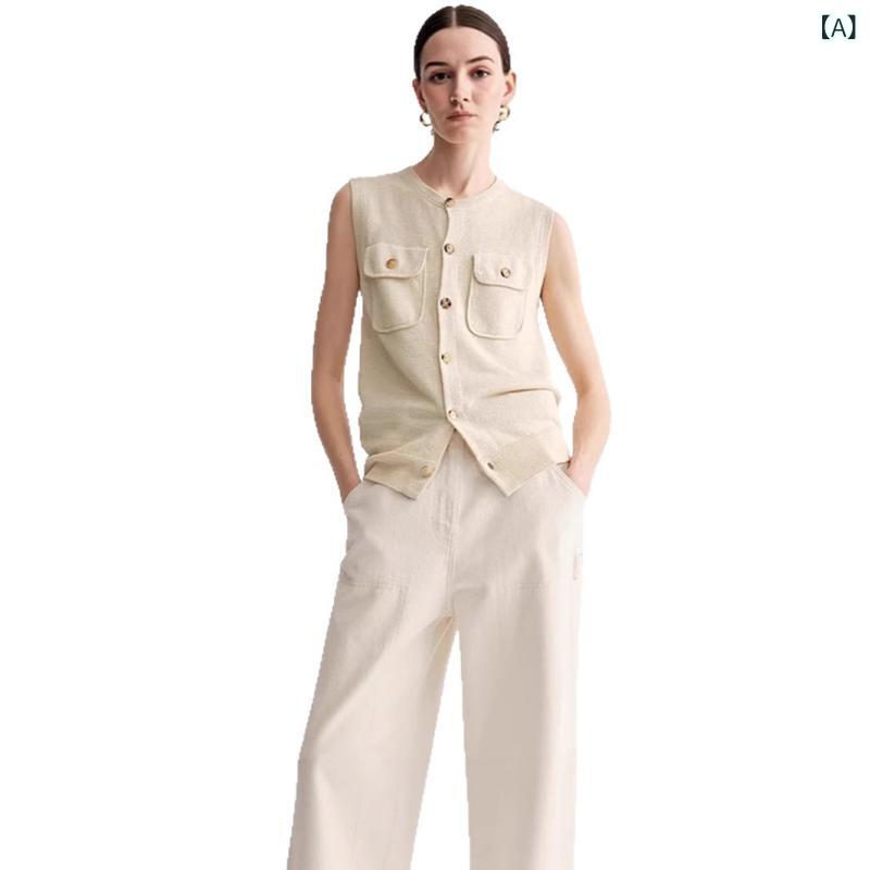 ノースリーブ レディース ノー 夏用 涼しい 無地 ed ニットカーディガン レディース 2025 夏の新 ラウンドネック シングルブレスト ポケット ニット ベストノースリーブ トップ