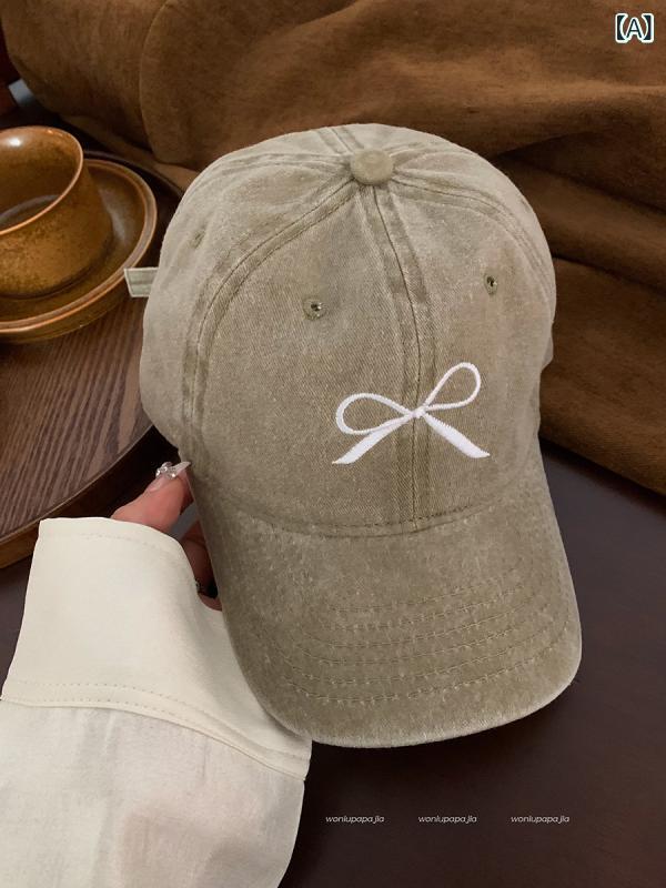 キャップ レディース 深め 小顔効果 UVカット 綿100% サイズ調整 蝶 結び 刺繍 野球帽の 女性 2024 春の 新型 水洗いは 古風 アメリカ レトロ ひさしで 顔を 隠します。(4)