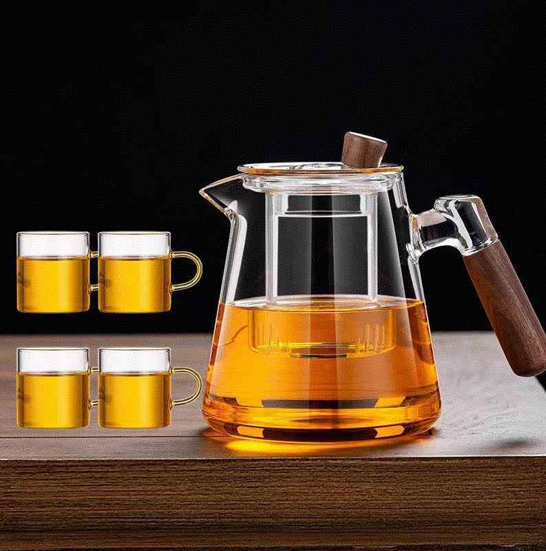 耐熱ガラス ティーポット おしゃれ ガラス 北欧 ティー ガラス サイド ハンドル ティーポット 瞑想用 高温 耐性 ティーポット 茶 水 分離 木製 ハンドル 火傷防止 フラワーティー ポット