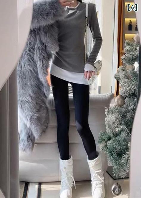 &quot体型カバー シャツ 重ね着用 ロングシャツ 羽織りとして使える &quot &ampquot体型カバー シャツ 重ね着用 ロングシャツ 羽織りとして使える &ampquot フェイクの 2枚の 毛 磨きの 中に シャツを 着た 女性 秋冬 小柄な 中に サメの ズボン