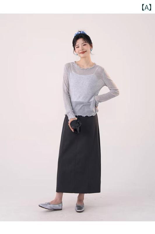 &quot体型カバー シャツ 重ね着用 ロングシャツ 羽織りとして使える &quot &ampquot体型カバー シャツ 重ね着用 ロングシャツ 羽織りとして使える &ampquot 韓国 系の 甘美な 百合 木の 耳元の 長袖の 巻きの t シャツ レディース 春の 夏の タ