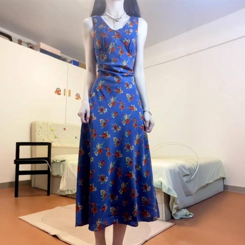 レディース ワンピース 春夏 韓国 フレンチスタイル レトロ ペティート フラワープリント ノースリーブ エレガント ドレス カジュアル 日常使い 軽やか 爽やか シルエット