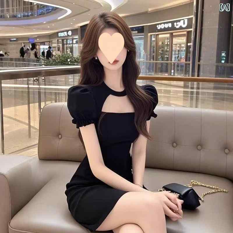 レディース ワンピース パフスリーブ ヒップハグ ブラック 春夏 フェミニン スリムフィット ショート丈 ボディライン 強調 ガーリー スタイリッシュ 軽量 伸縮性 日常使い