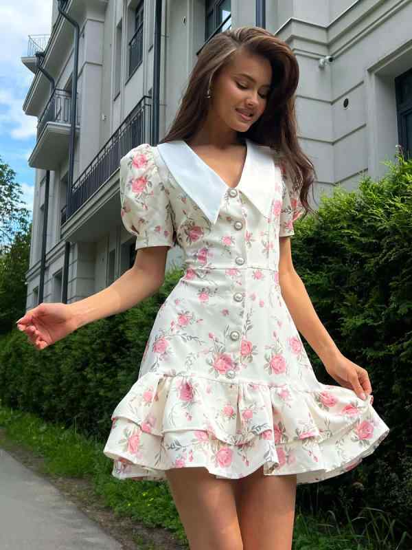 レディース 夏 フレンチスタイル Vネック パフスリーブ ウエストマーク 花柄プリント フリルヘム ショート丈 ワンピース ドレス カジュアル 軽やか シルエット