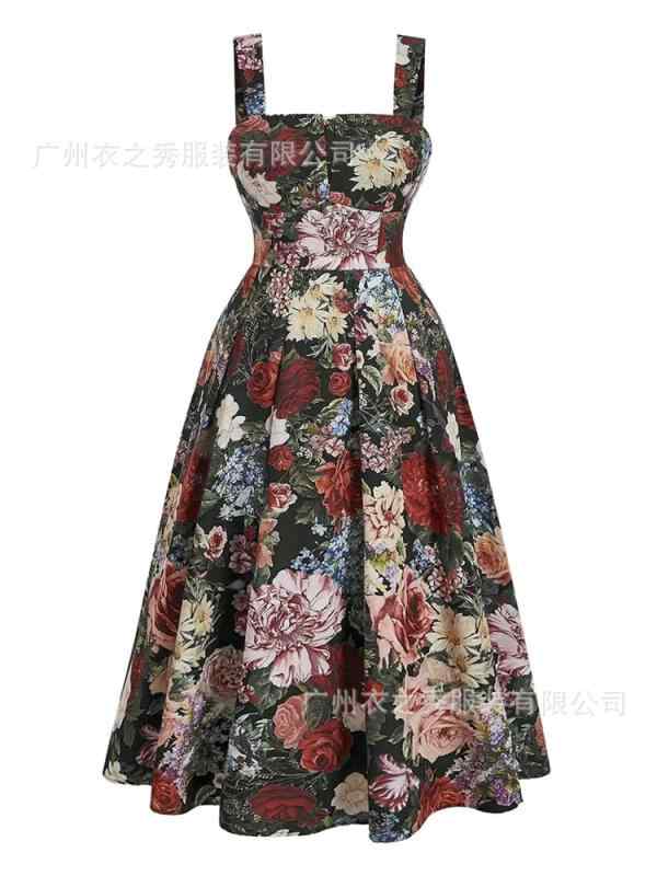 Rakuten - レディース ワンピース ストラップ 花柄 プリント フレア スカート スタイリッシュ ドレス 日常使い ゆったり シルエット 女性向けx2